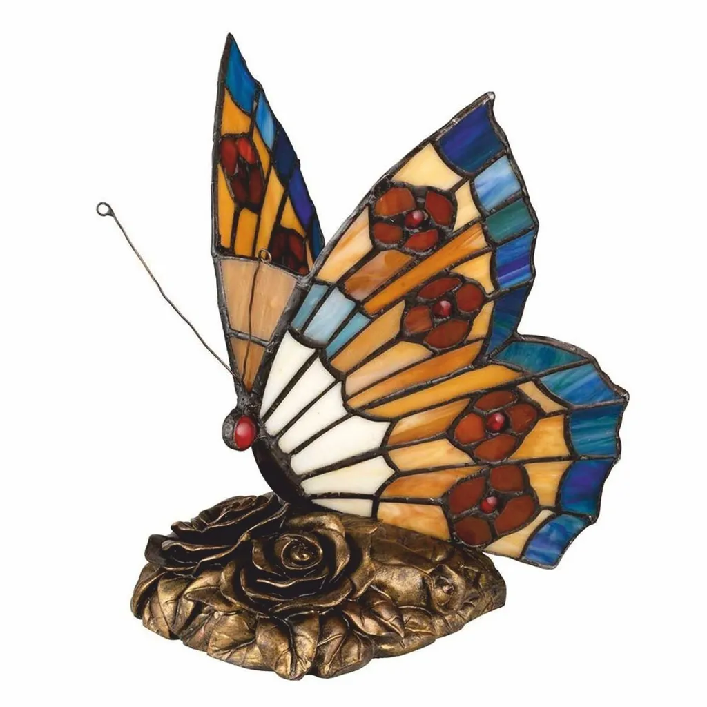 Lampe Tiffany LED Papillon en Verre Multicolore et Socle Bronze Ancien