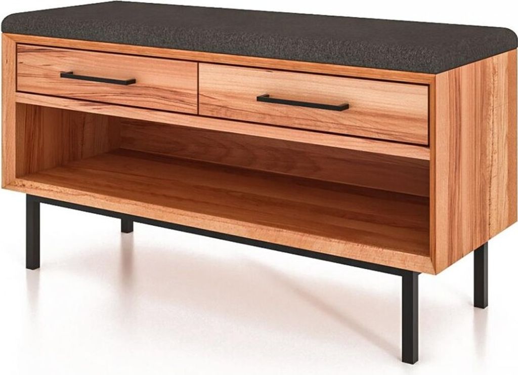 Bank Seiba Kernbuche massiv 97x36x52 Fischgrätmuster 2 Schubladen 1 Fach Stoff
