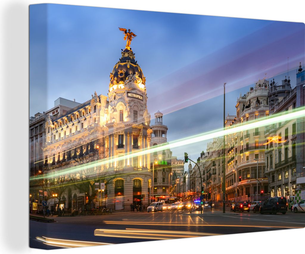 OneMillionCanvasses - Leinwandbilder - 140x90 cm, Gran Vía in Madrid in der Abenddämmerung, Wandbilder Kunstdruck Wanddekoration