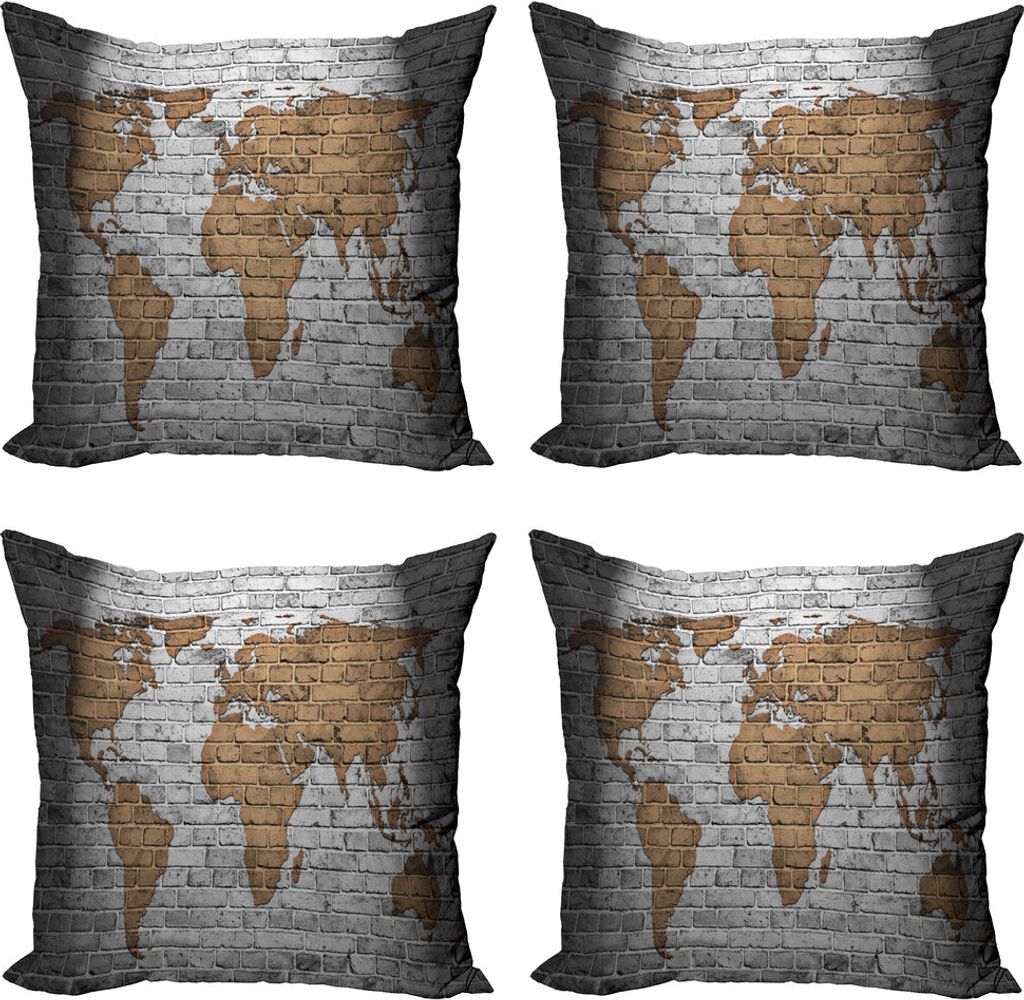 ABAKUHAUS Fernweh Kissenbezug Set (4 Stück), Länder Kontinente, Moderner Doppelseitiger Digitaldruck, 40 cm x 40 cm, Pale Grau Hellbraun