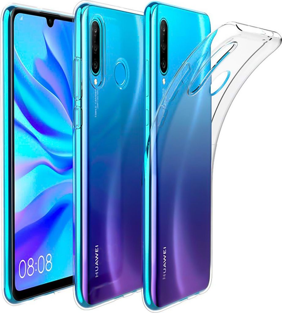 Three Huawei P30 Lite phones are shown, two with transparent cases, and one case is shown separately.