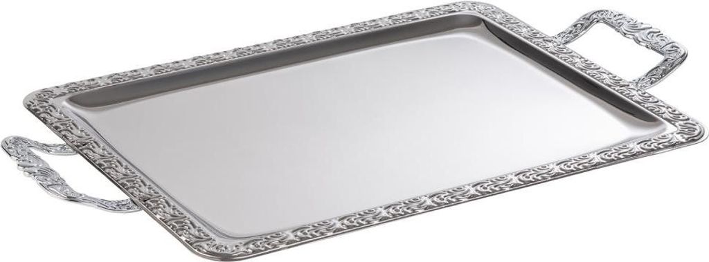 A silver tray with decorative edges and handles is shown against a white background.