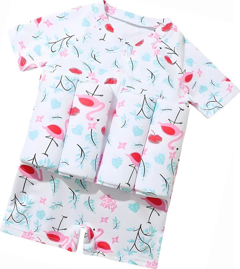 Kinder-Badehose mit Schwimmflügeln, weiß, Größe 100 – Flamingos