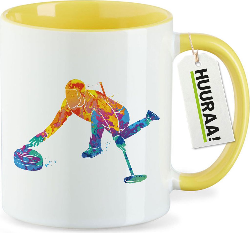 Huuraa Kaffeetasse Curling bunte Silhouette 330ml Gelb Keramik Kaffeebecher Geschenkidee