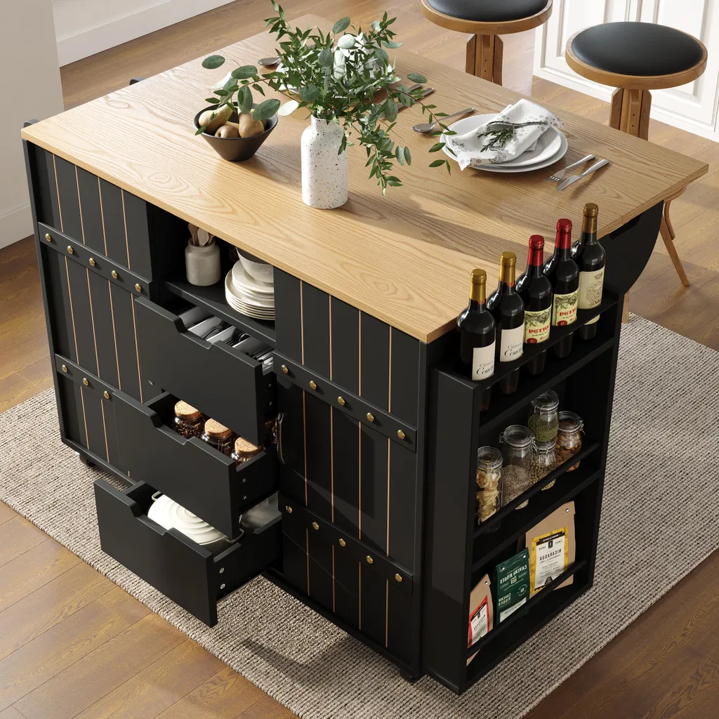 Solution gain de place : îlot de cuisine noir modulable avec rangements