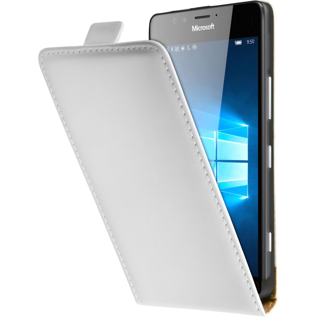 PhoneNatic Kunst-Lederhülle kompatibel mit Microsoft Lumia 950 - Flip-Case weiß + 2 Schutzfolien