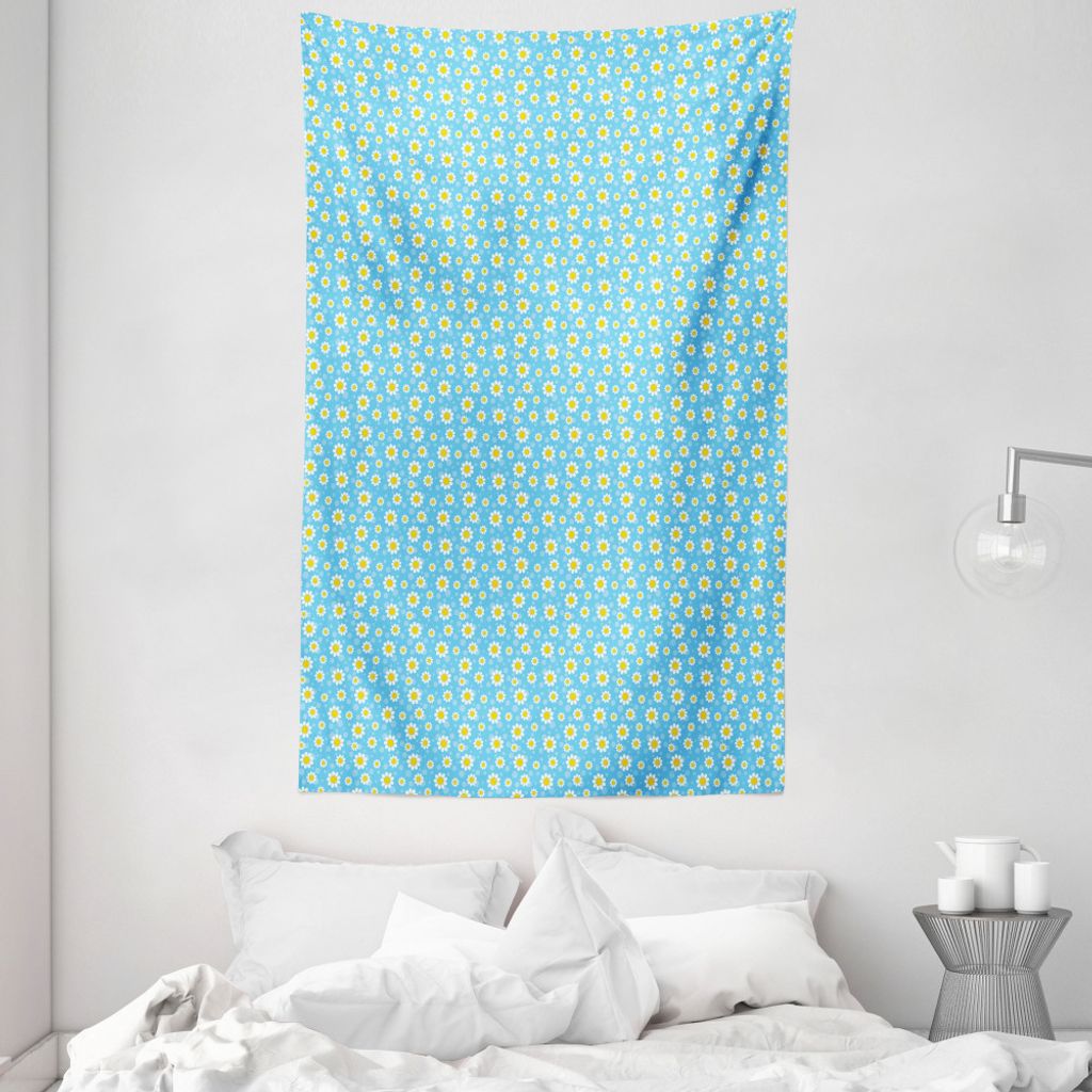 ABAKUHAUS Gelb und Blau Wandteppich und Tagesdecke, Kamillen-Dots aus Weiches Mikrofaser Stoff Waschbar ohne Verblassen Digitaldruck, 140 x 230 cm,...