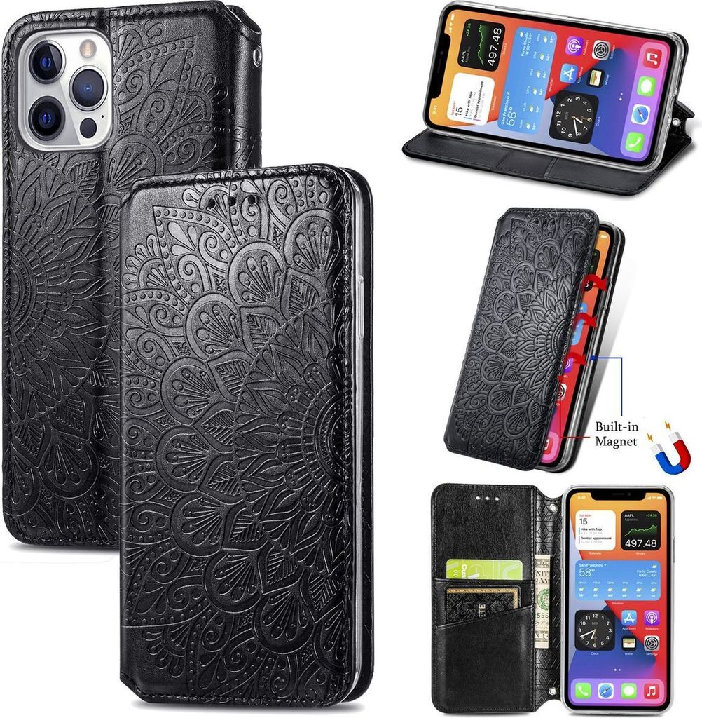 König Design Hülle kompatibel mit Apple iPhone 12 Pro Max Kunstleder Handyhülle - Handy Case Schwarz