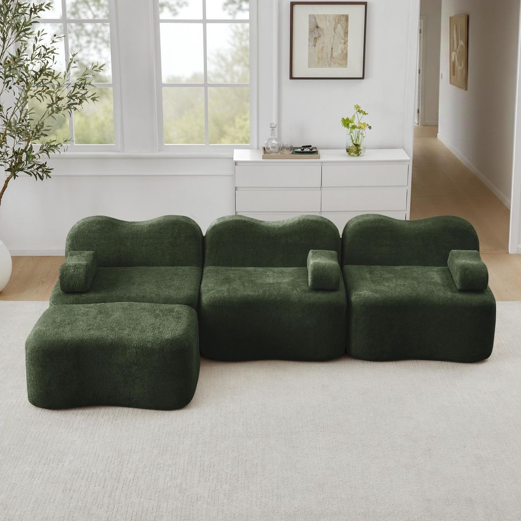 MODFU 3-Sitzer L-förmiges Sofa,Ecksofa mit Armlehnenkissen und Tiefe Sitzkissen,Zweisitzer Sofa mit Wellenform und 1 Ottoman,Schlafsofa mit Rahmen...