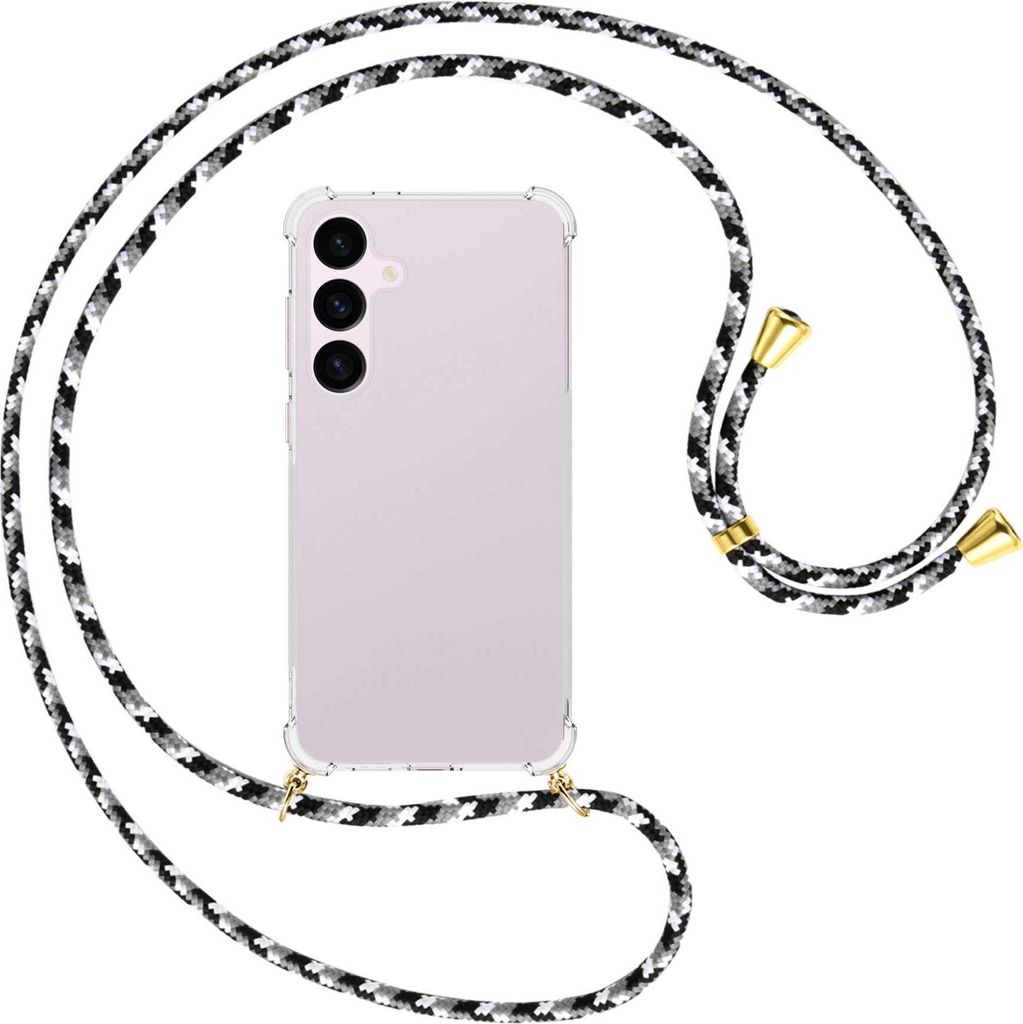 Handykette Backcover-Schutzhülle mit Band (Metall goldfarben) für Samsung Galaxy S24 Plus - schwarz/grau/weiß