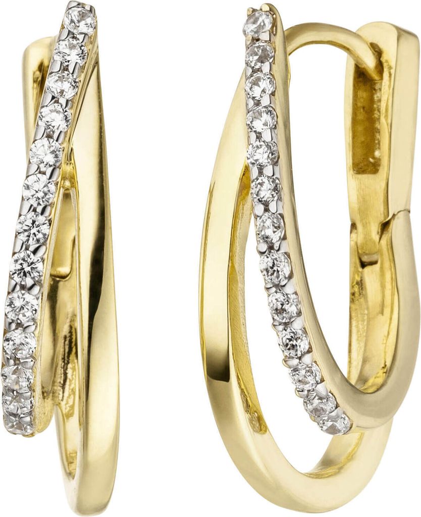 Creolen Klappcreolen Ohrringe mit weißen Zirkonia, 375 Gold Gelbgold, bicolor