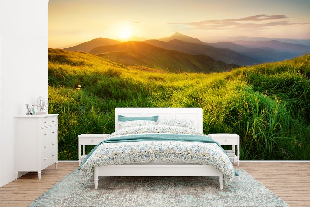 MuchoWow Fototapete für Wohnzimmer oder Schlafzimmer Wandtapete Vinyl Motivtapete Gras - Hügel - Sonne - Natur - Landschaft - 435x260 cm - Kind...