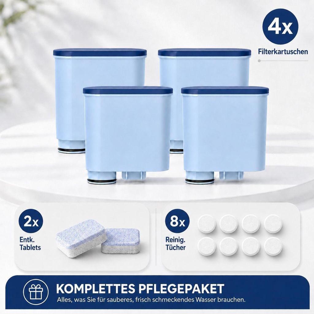 Wasserfilter 4 Stück + Reinigungstabletten 8 Stück + 2-in-1 Entkalkungstabletten 2 Stück – Ersatzwasserfilter für Philips Saeco AquaClean CA6...