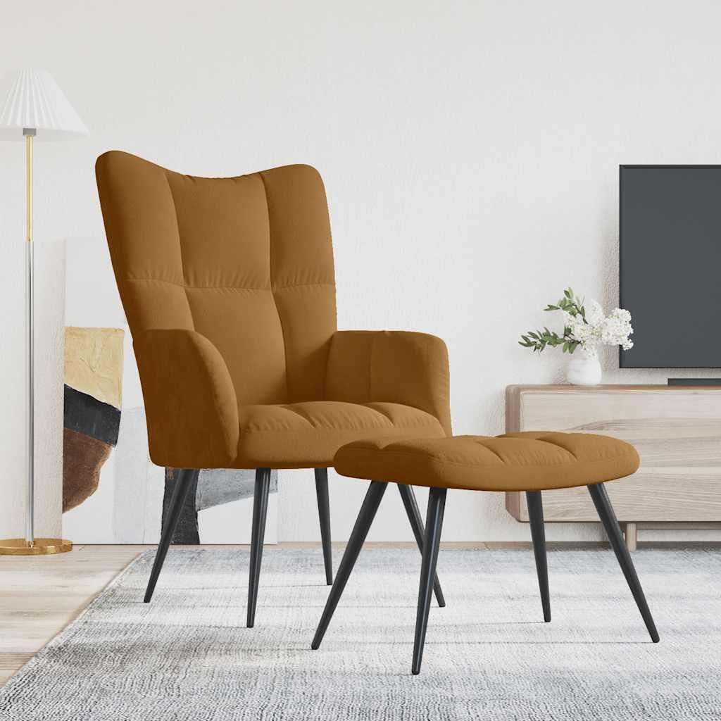 A brown velvet armchair and ottoman are shown in a living room setting.