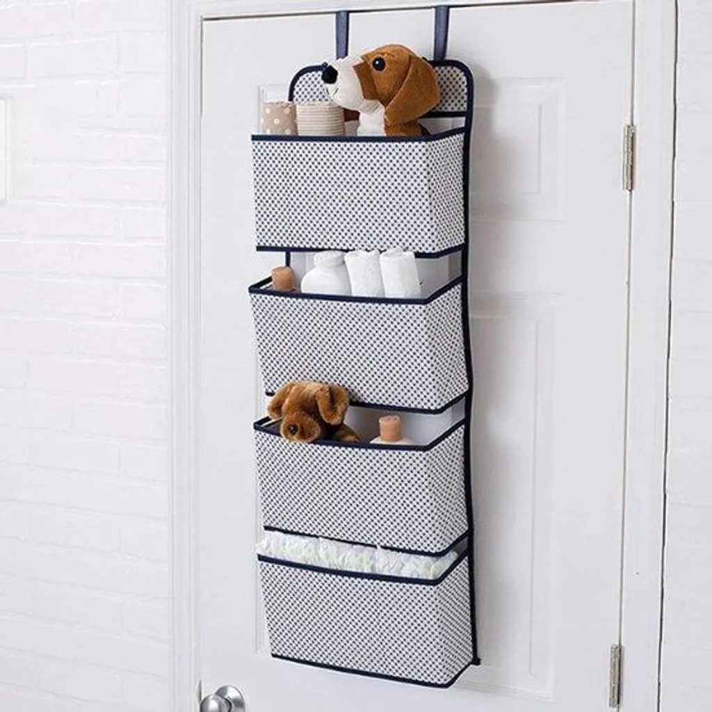Organisateur de placard suspendu en tissu 4 cases à motifs pois bleus