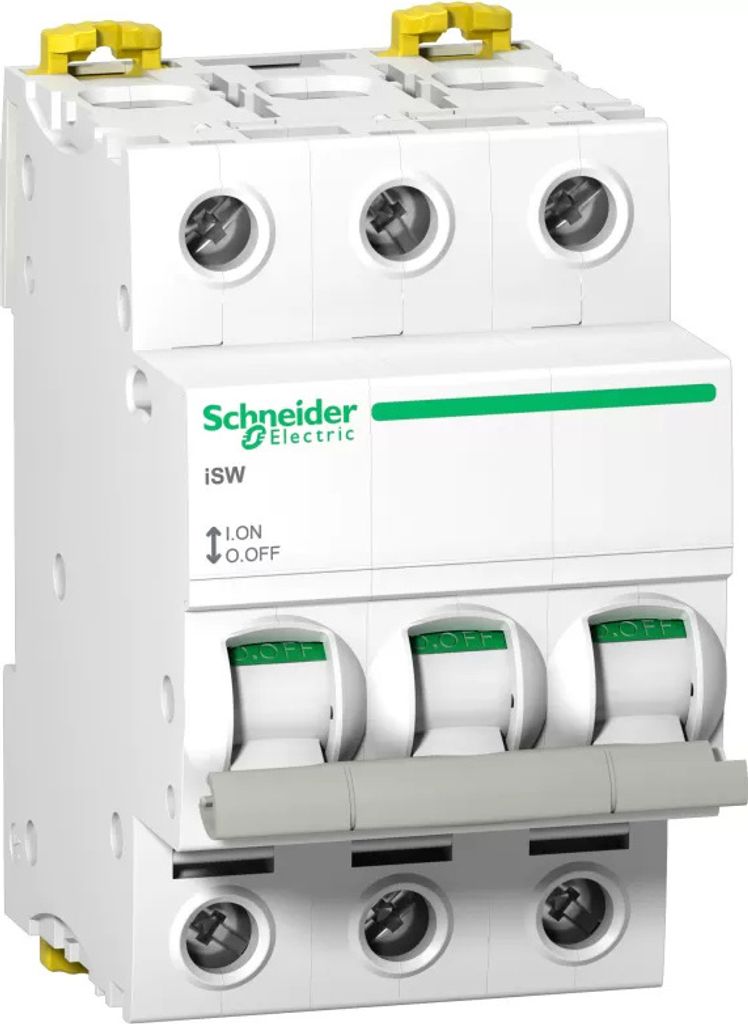 A three-pole circuit breaker manufactured by Schneider Electric.