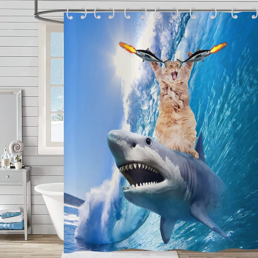 Lustiger Duschvorhang 180x180 cm, cooler Duschvorhang mit Katze auf Hai, Ozean, Meer, Wellen, Fischen, blau, niedlicher Badvorhang für Jungen, was...