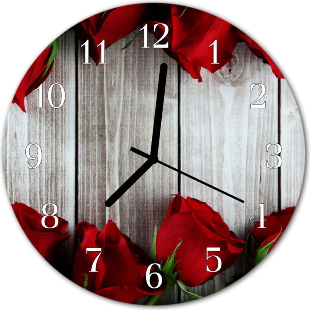 Glasuhr Wanduhr Küchenuhr Echt-Glas 30fi cm Rosen Bretter rot