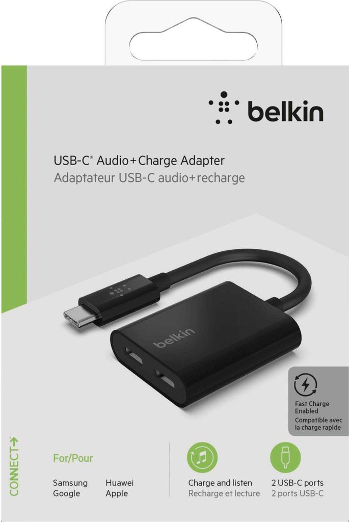The image shows the packaging of a Belkin USB-C audio and charge adapter.