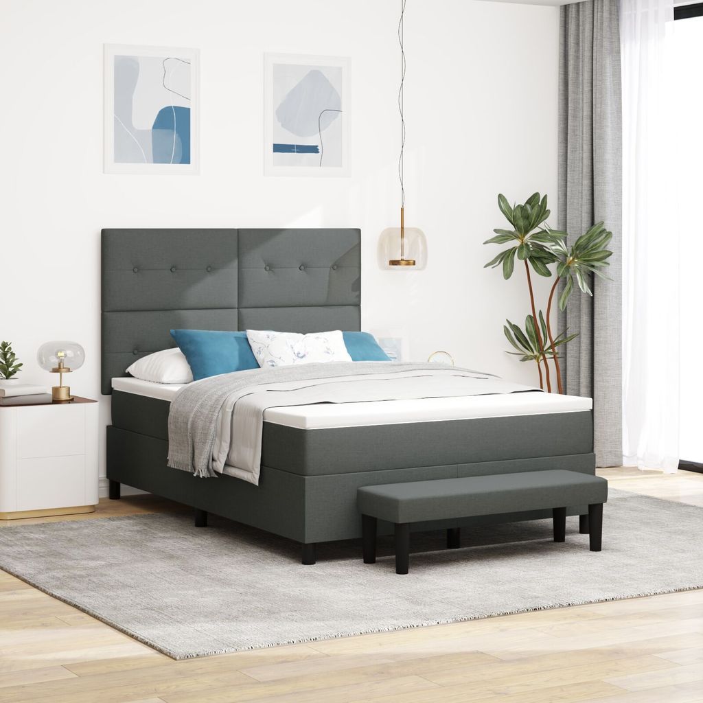 Möbel Boxspringbett mit Matratze & Bank Dunkelgrau 160x200 cm Stoff - Klassische Betten 3344080