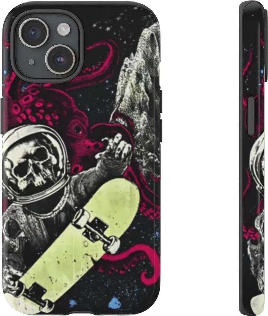 Skater-Astronaut mit Totenkopf und Oktopus – Hülle Kompatibel mit iPhone 15