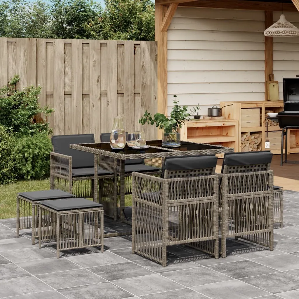 Salon de jardin 9 pièces avec coussins en résine tressée grise Hommie