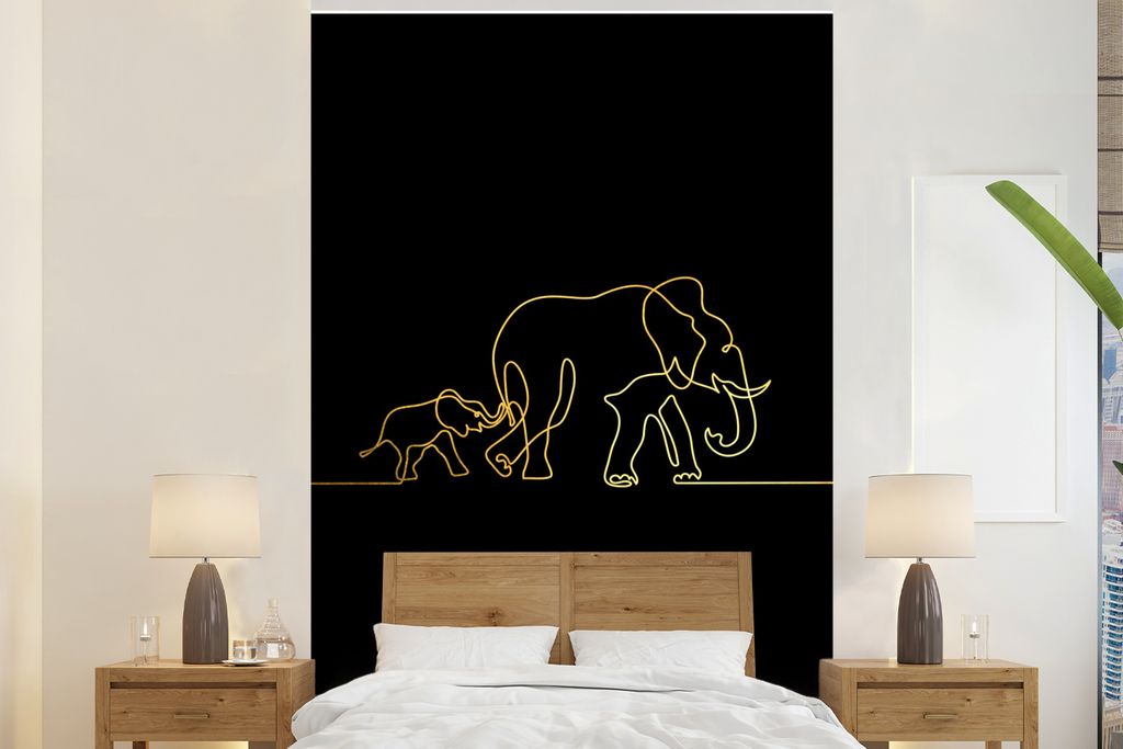 MuchoWow Fototapete für Wohnzimmer oder Schlafzimmer Wandtapete Vinyl Motivtapete Elefant - Einfach - Gold - Schwarz - 155x240 cm - Tapete
