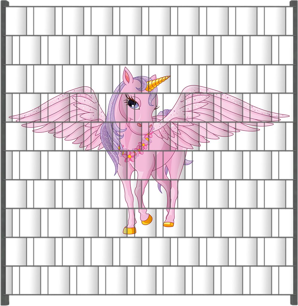 Wallario Zaunsichtschutz mit Motiv Rosa Einhorn mit großen Flügeln für Ein- und Doppelstabmatten Zäune in der Größe 200 x 200 cm
