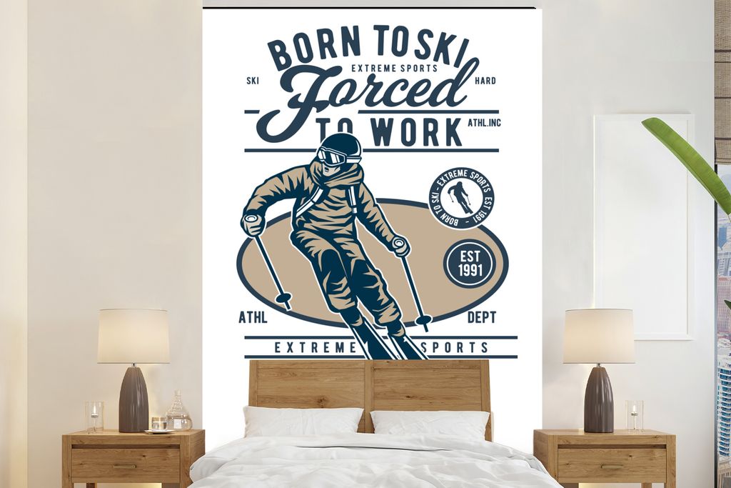 MuchoWow Fototapete für Wohnzimmer oder Schlafzimmer Wandtapete Vinyl Motivtapete Ski - Sport - Weiß - Vintage - 225x350 cm - Schlafzimmer tapete