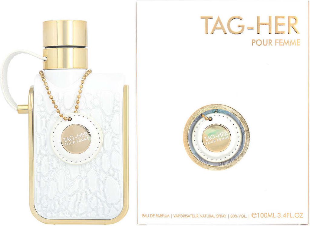 A perfume bottle and its packaging are displayed against a white background.