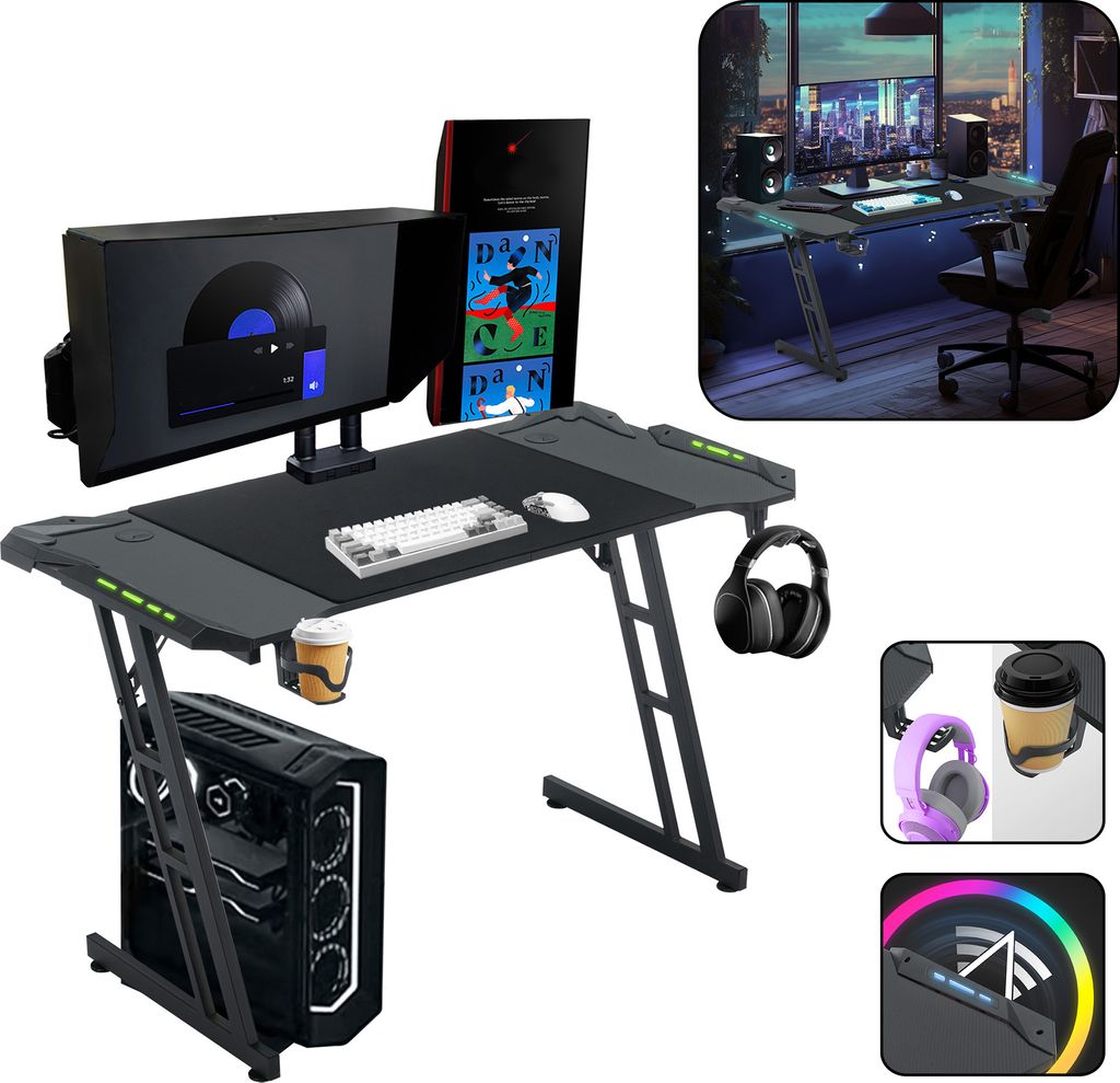 LZQ Gaming Tisch Gaming Schreibtisch mit Getränkehalter und Kopfhörerhaken 140x60x74cm Computertisch PC Tisch Ergonomischer Gamer Tisch für Home...