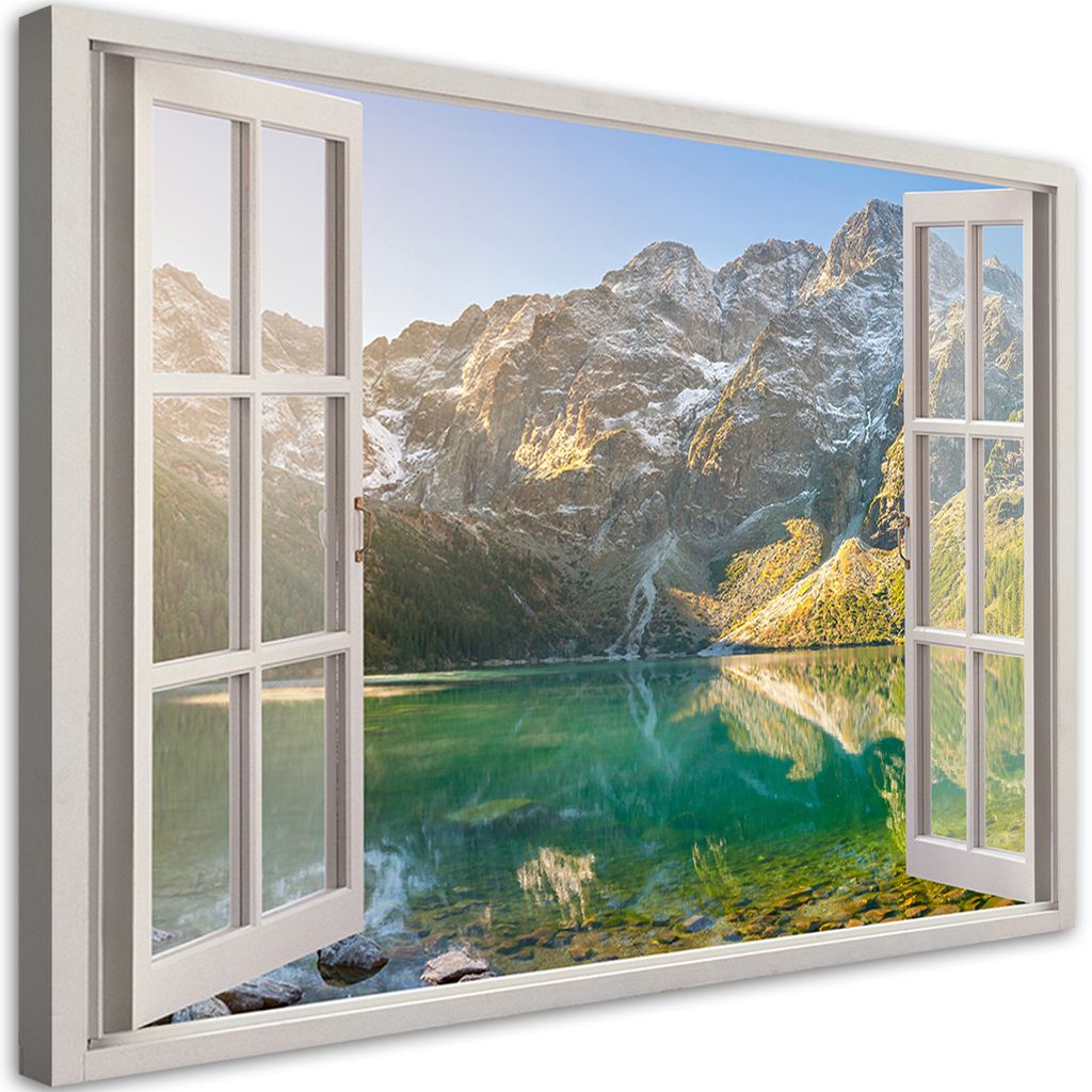 Leinwandbild Fenster See in den Bergen Natur 90x60 Feeby Grün bild für die wand bereit zum aufhängen