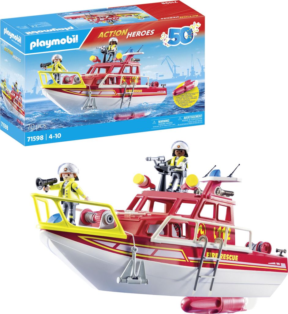 A Playmobil fire rescue boat set, shown both in its packaging and as a standalone model.