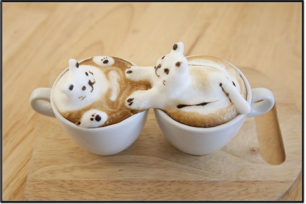 Wallario Wandbild Süße Milchschaum Katzen auf Kaffee, Größe: 61 x 91,50 cm, Poster mit schwarzem Aluminiumrahmen