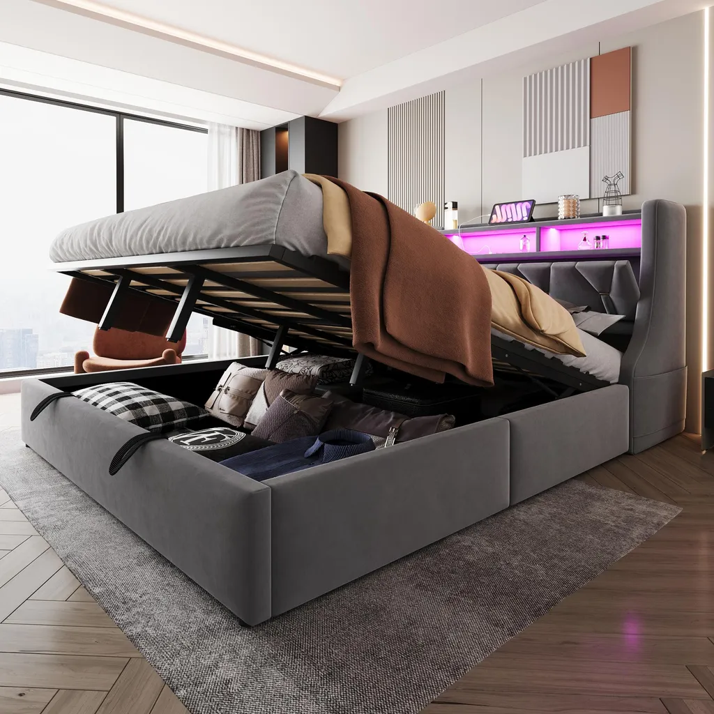 Lit 180x200 cm avec rangement intégré et prises pour chambre adulte