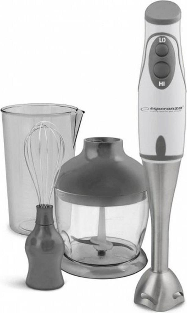 A white and grey Esperanza EKM003E immersion blender with accessories, including a beaker, a chopper attachment, and a whisk attachment, is displayed against a white background.