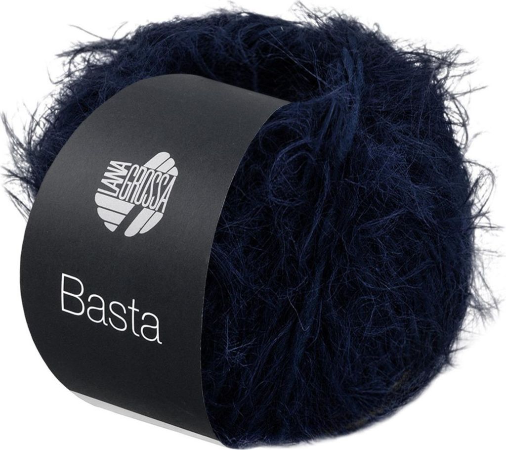 A ball of dark blue fuzzy yarn with a black label.