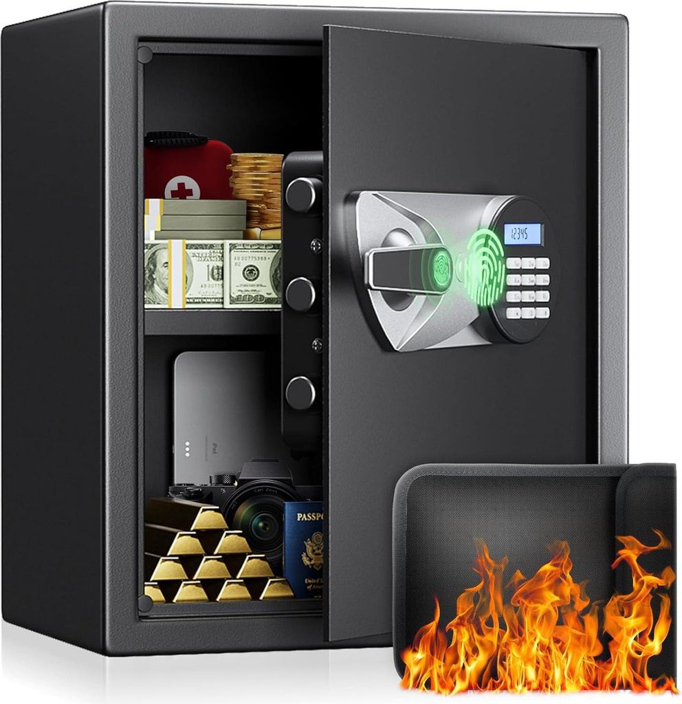 Tresor, Safe Tresor für Zuhause, Biometrischer Fingerabdruck Digitaler Zahlencode Safebox mit Doppelte Warnung, Möbeltresor Wandtresor für Büro...