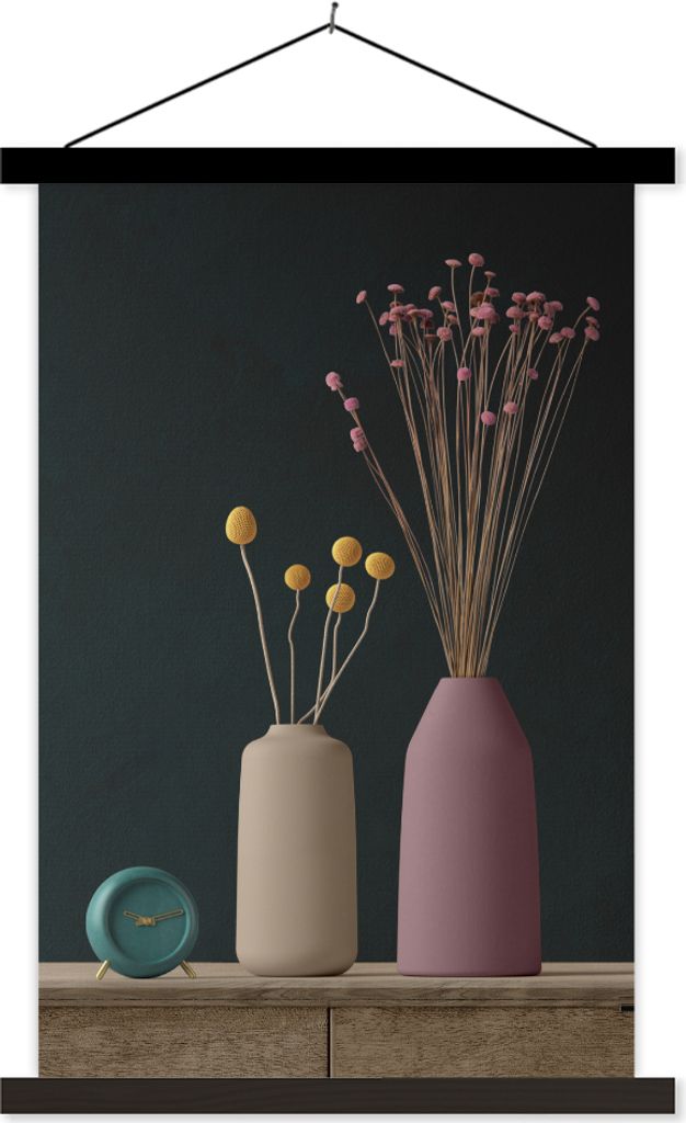 MuchoWow Textilposter Stilleben - Blumen - Wecker 60x90 cm mit schwarzem Rahmen - Poster Wohnzimmer