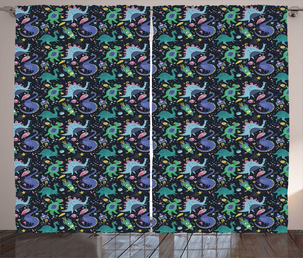 ABAKUHAUS Drachen Rustikaler Gardine, Raum Themed Dinos Planeten, Schlafzimmer Kräuselband Vorhang mit Schlaufen und Haken, 280 x 225 cm, Mehrfarbig