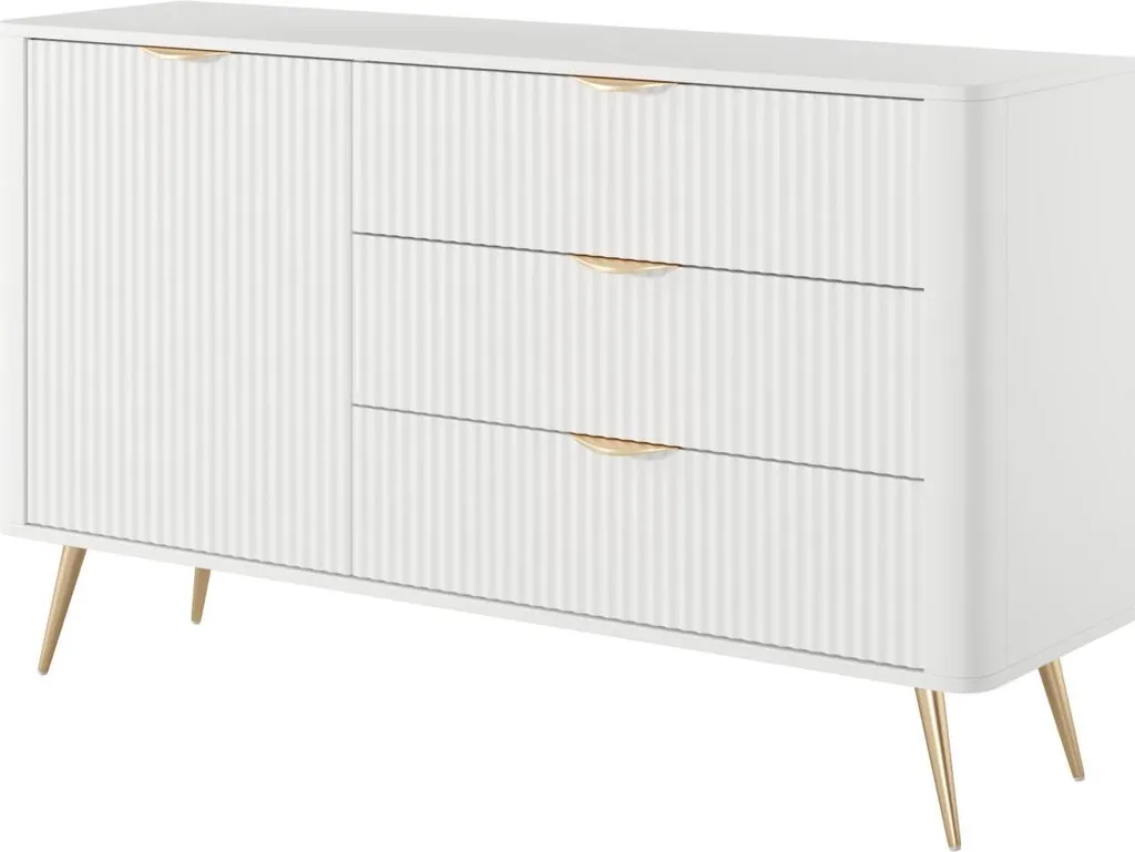 Grand Buffet de Salon Blanc et Or 138cm - Enfilade Basse de Rangement