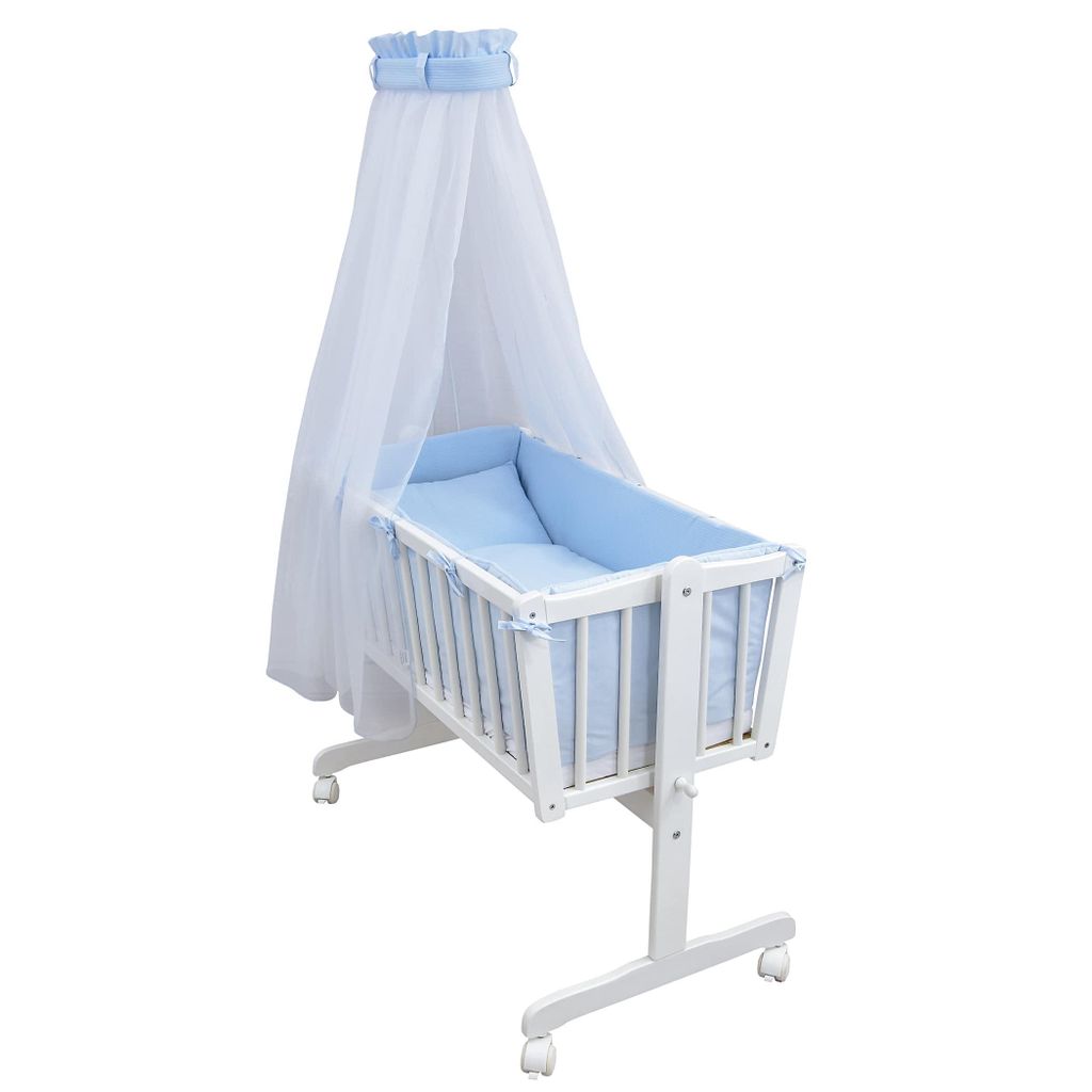 Baby-Delux Wiege Schaukelwiege Babywiege Weiß 90x40 cm Bettset Komplett Interlock Soft Wiegenset Blau