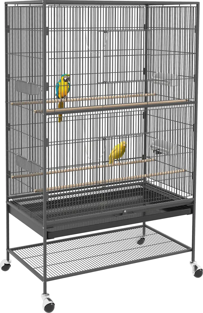 Cage oiseaux PawHut avec roulettes et perchoirs en acier gris 94x57x153cm