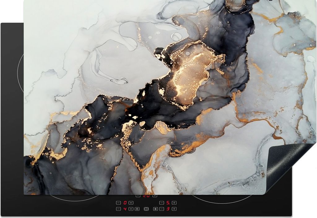 KitchenYeah Herdabdeckplatte Schwarz - Marmor - Luxus - Gold , 76x51cm, Küche Deko, Glaskeramikfeld Herdabdeckung, Abdeckplatte fùr Kochfeld