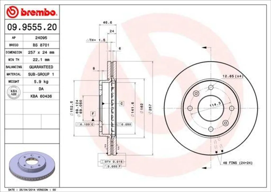 Disque Brembo 09.9555.20 Haute Performance OE 5171217000 Matrix et Elantra