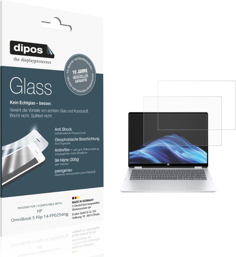 2x Schutzfolie für HP OmniBook 5 Flip 14-FP0254ng matt - Anti-Shock 9H Folie dipos Glass Kunststoffglas