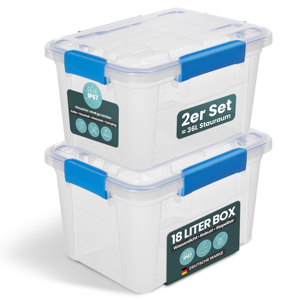 Kreher Aufbewahrungsbox 18 L mit Deckel - wasserdicht & staubdicht, transparent & stapelbar, BPA- & schadstofffrei, robuste Kunststoffbox (2 Stück)
