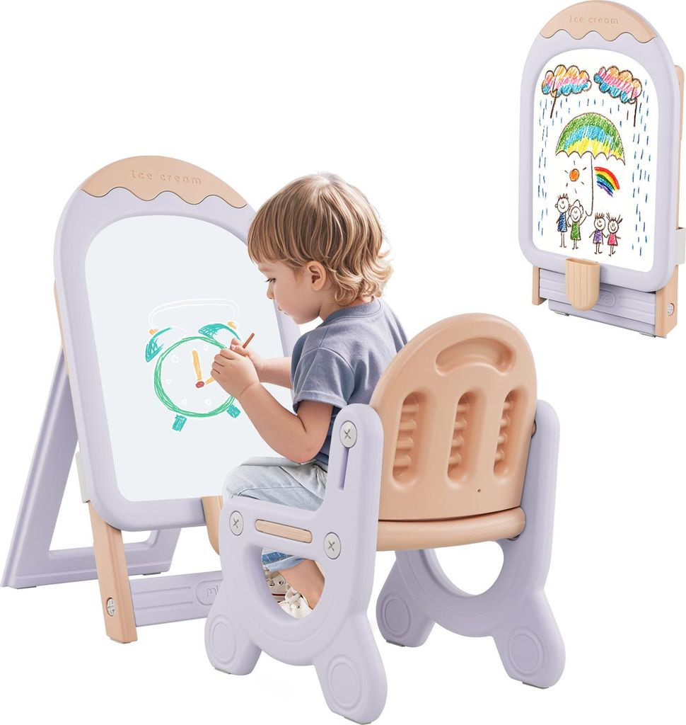COSTWAY Kinder Staffelei mit Stuhl, Kindertafel Höhenverstellbar & Klappbar mit Whiteboard, Aufbewahrungsbox, Marker&magnet, Geschenk Spieltafel Lila