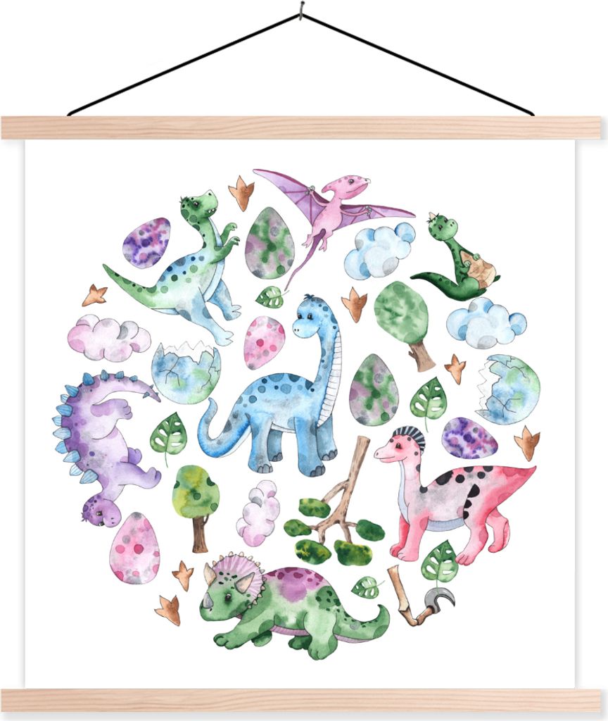 MuchoWow Textilposter Kinderzimmer - Dinosaurier - Kreis - Mädchen - Kinder - Rosa - Kind 40x40 cm mit holzfarbenen Rahmen - Posterleiste