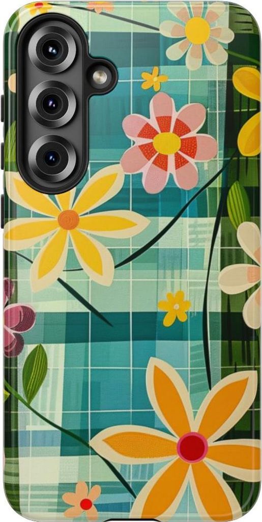 Buntes Retro-Blumenmuster auf blauem Hintergrund – Hülle Kompatibel mit Samsung Galaxy S25 Plus